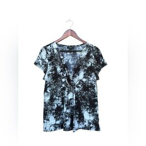 Alfani Women’s Black White Black White V Neck Short Sleeve Blouse Large